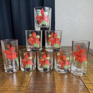 Block Poinsettia Drinking Glasses Holiday Christmas 6-DOF Rocks 2- Highball MCM